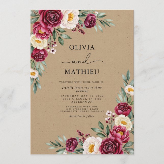 Invitación Boda con Flora Etérea Borgoña (Anverso)