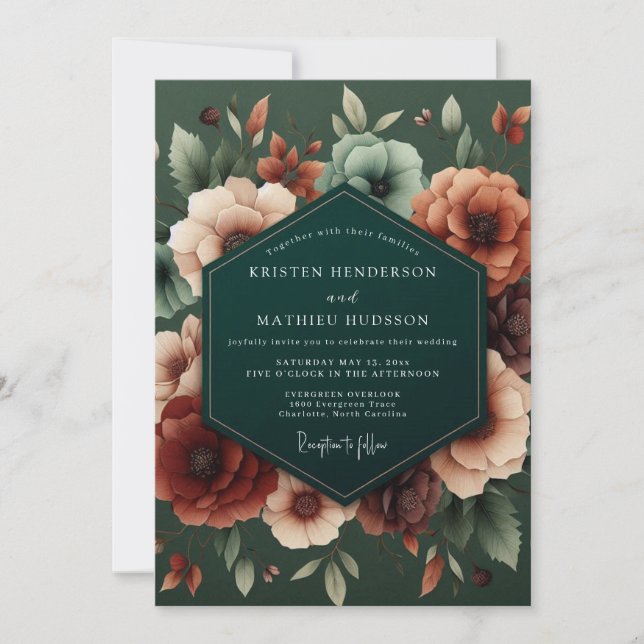 Invitación Boda con Flora Lujuriosa Esmeralda Russet (Anverso)