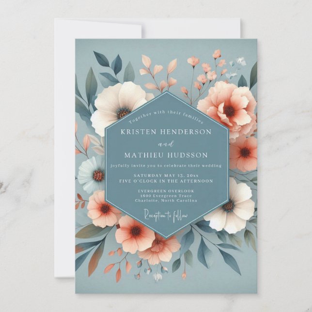 Invitación Boda con Flora Melocotón Azul Pizarra (Anverso)
