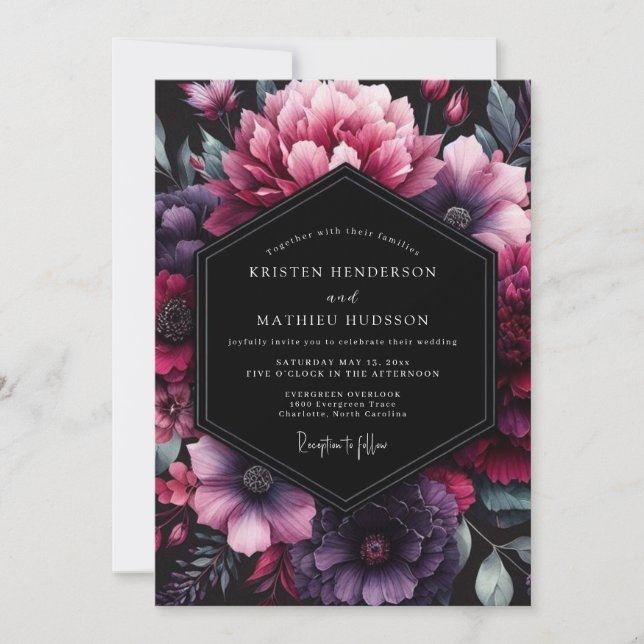 Invitación Boda con Flora Plum Moody (Anverso)