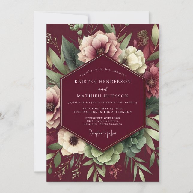 Invitación Boda con Floración Artística Borgoña (Anverso)