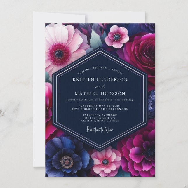 Invitación Boda con Floración de Tonos Joyas Fucsia (Anverso)