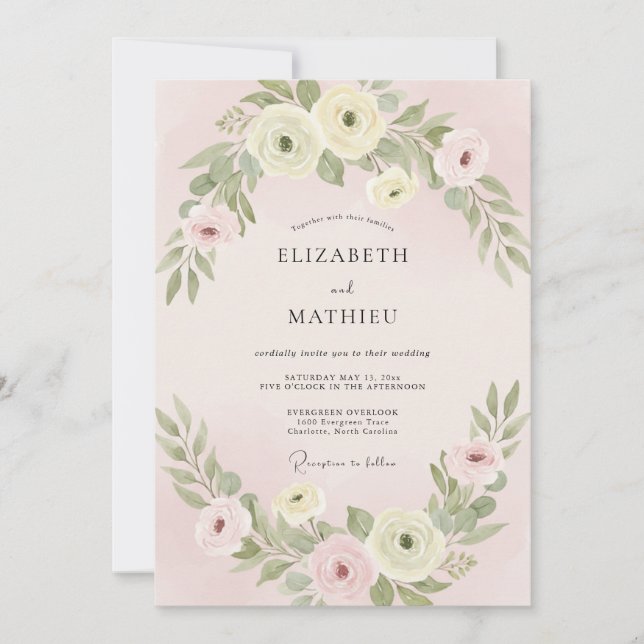 Invitación Boda con Floración Suave Rosa (Anverso)