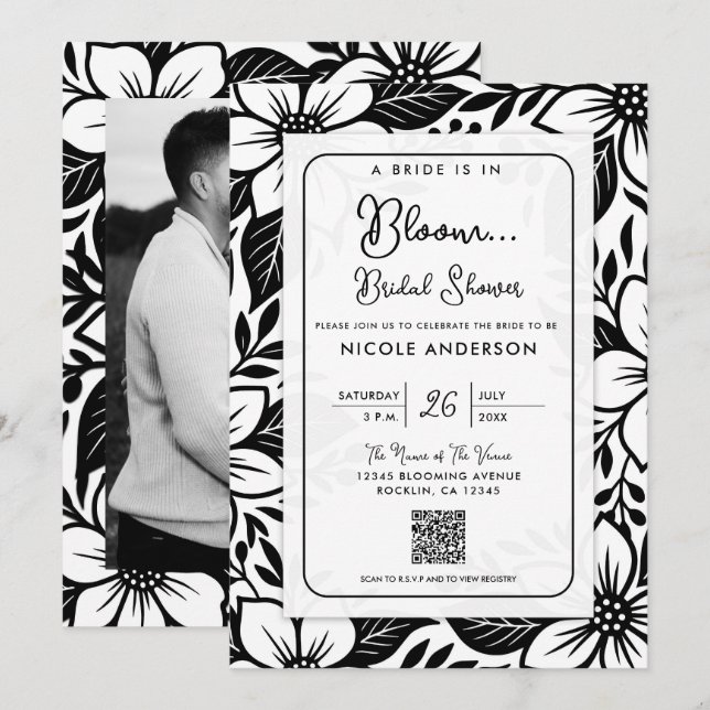 Invitación Boda con Floral Negro y Blanco Audaz (Anverso / Reverso)