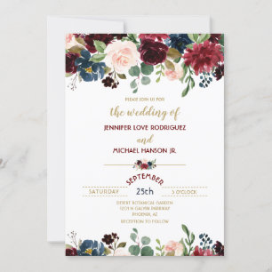 Invitación Boda con Florales de Borgoña Merlot y Azul Marino