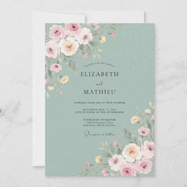 Invitación Boda con Floreado Romántico Azul Polvoriento (Anverso)