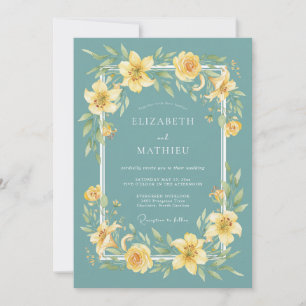 Invitación Boda con florecimiento botánico amarillo turquesa
