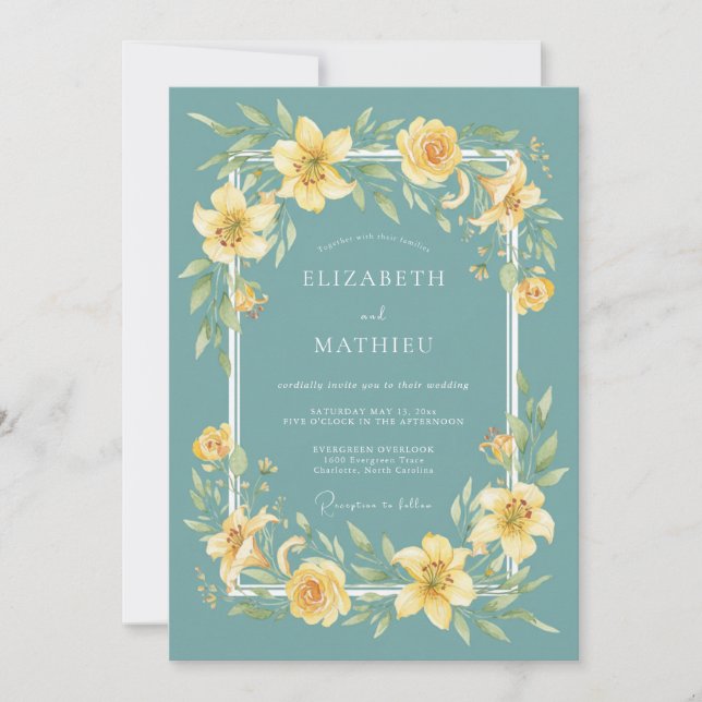 Invitación Boda con florecimiento botánico amarillo turquesa (Anverso)