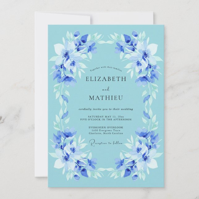 Invitación Boda con florecimiento botánico azul (Anverso)