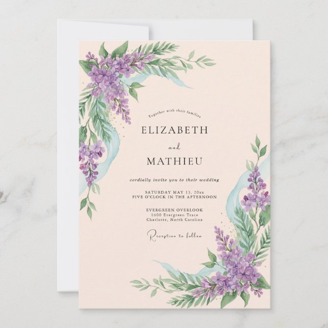 Invitación Boda con florecimiento botánico de lavanda (Anverso)