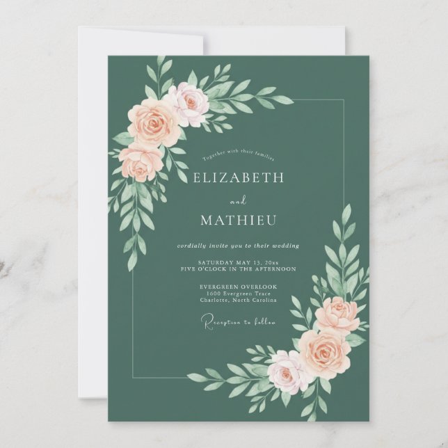 Invitación Boda con florecimiento botánico de melocotón polvo (Anverso)