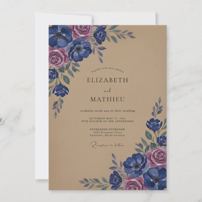 Invitación Boda con florecimiento botánico de rosa Navy (Anverso)