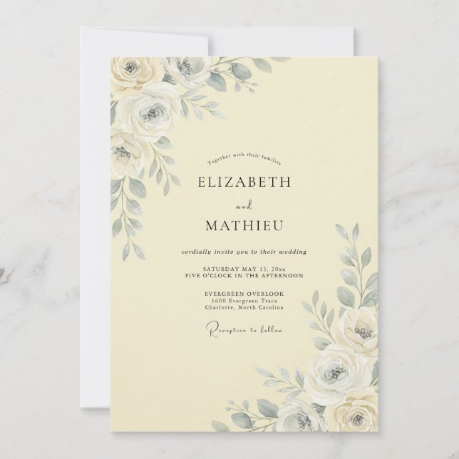 Invitación Boda con florecimiento botánico marfil (Anverso)