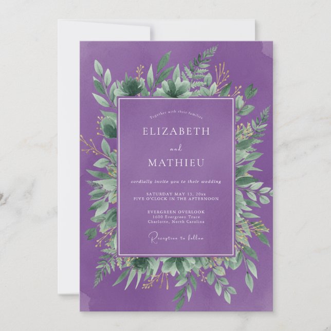 Invitación Boda con florecimiento botánico violeta (Anverso)