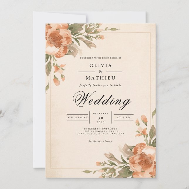 Invitación Boda con Florecimiento de Arco de Flor Silenciada (Anverso)