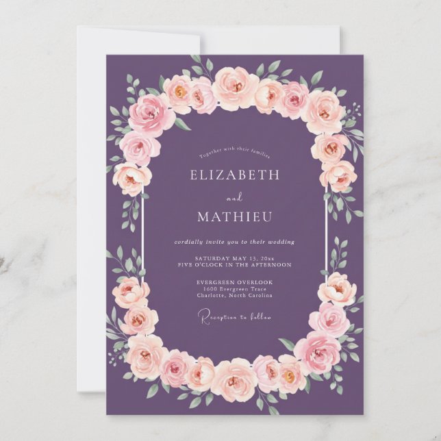 Invitación Boda con Florecimiento de Arco Floral de Ciruela P (Anverso)