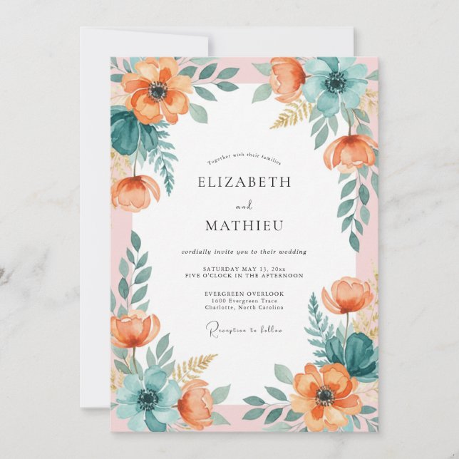 Invitación Boda con Florecimiento de Arco Floral de Melocotón (Anverso)