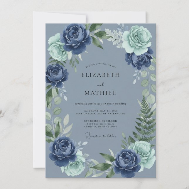 Invitación Boda con Florecimiento de Harina de Azul Marino (Anverso)