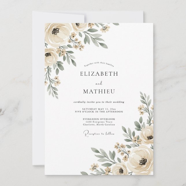 Invitación Boda con Florecimiento Etéreo de Crema (Anverso)