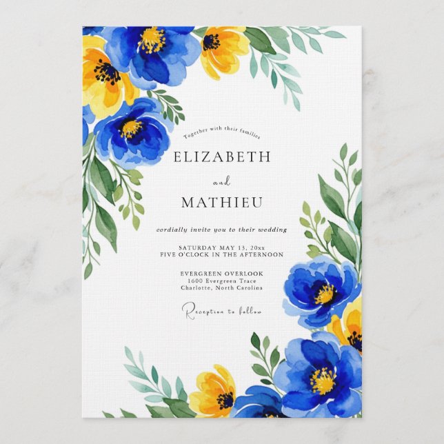 Invitación Boda con Florecimiento Floral Amarillo Azul (Anverso)