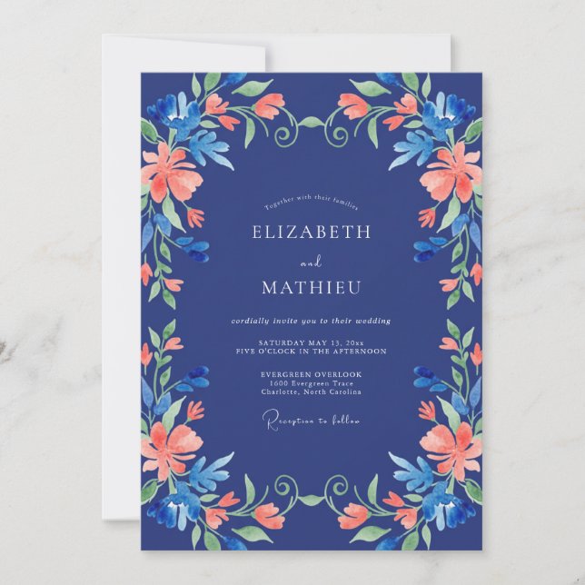 Invitación Boda con Florecimiento Floral Azul Marino (Anverso)