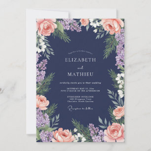 Invitación Boda con Florecimiento Floral de Rosa Claro y Azul