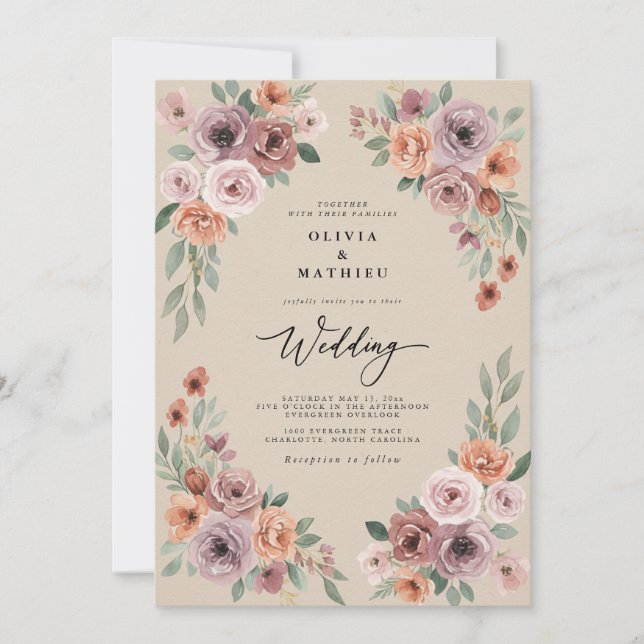 Invitación Boda con Florecimiento Floral Lavanda Polvorienta (Anverso)