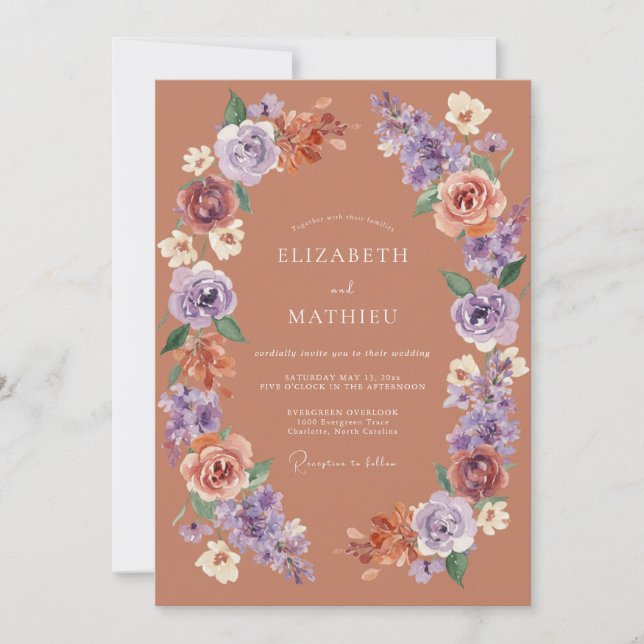 Invitación Boda con Florecimiento Floral Malva Polvoriento (Anverso)