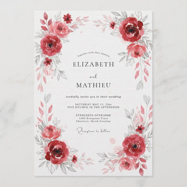 Invitación Boda con Florecimiento Floral Rojo Intenso (Anverso)