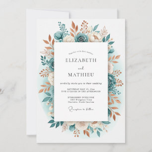 Invitación Boda con Florecimiento Floral Romántico Verde Azul