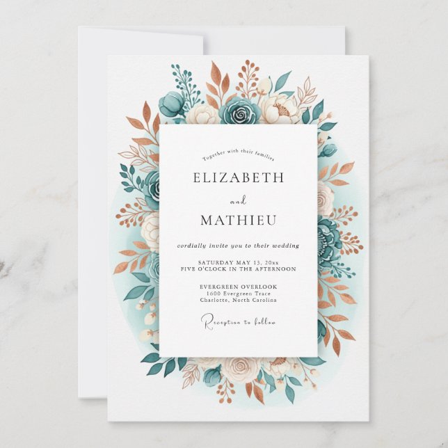 Invitación Boda con Florecimiento Floral Romántico Verde Azul (Anverso)