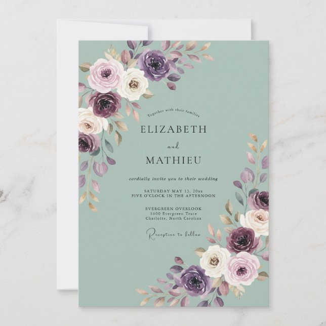 Invitación Boda con Florecimiento Floral Suave de Ciruela (Anverso)