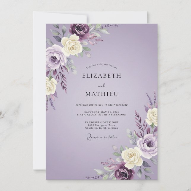 Invitación Boda con Florecimiento Floral Suave de Lavanda (Anverso)