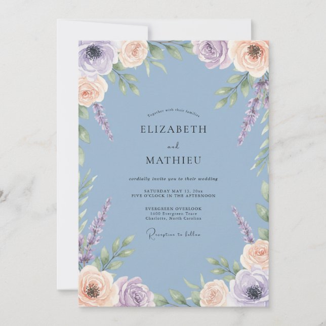 Invitación Boda con Florecimiento Floral Suave de Periwinkle (Anverso)