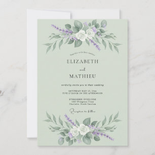 Invitación Boda con Florecimiento Floral Verde Salvia