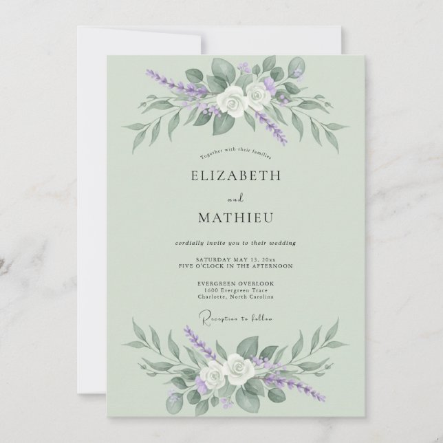 Invitación Boda con Florecimiento Floral Verde Salvia (Anverso)
