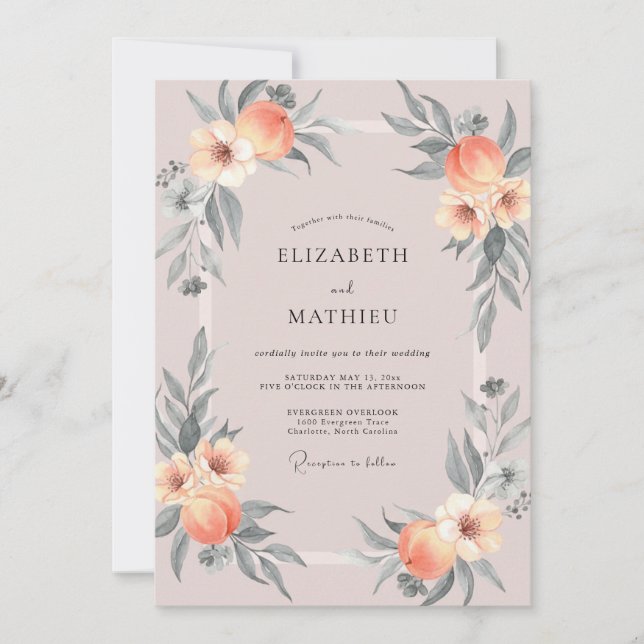 Invitación Boda con Florecimiento Suave de Melocotón (Anverso)