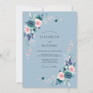 Invitación Boda con Florecimiento Verde Azul Polvoriento