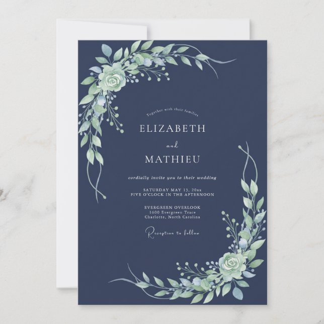 Invitación Boda con Florecimiento Verde Marino (Anverso)