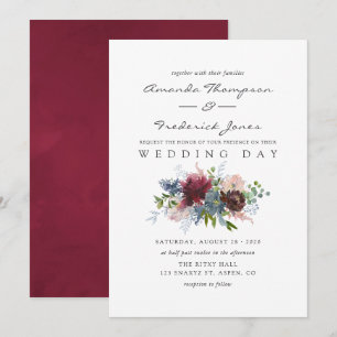 Invitación Boda con flores acuarelas de color burdeos y azul