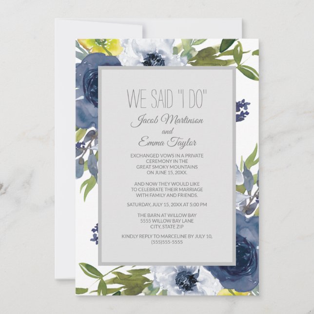 Invitación Boda con Flores Amarillas Blancas y Azules Marinos (Anverso)