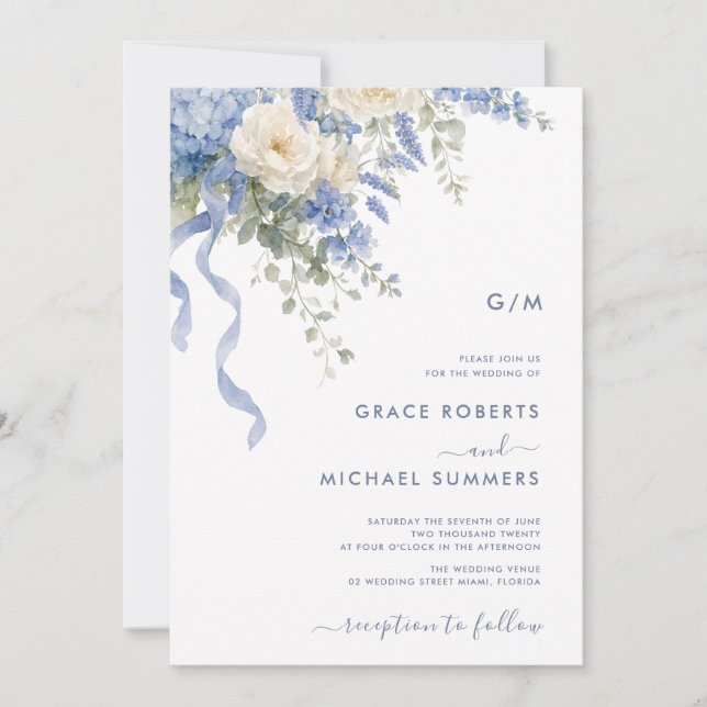 Invitación Boda con flores de acuarela azul polvoriento (Anverso)