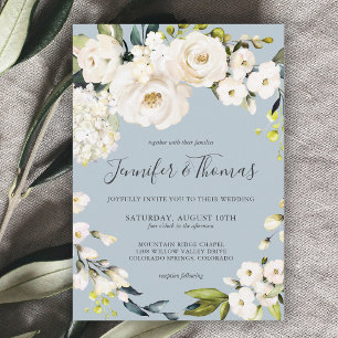 Invitación Boda con flores de acuarela blancas sobre azul pol