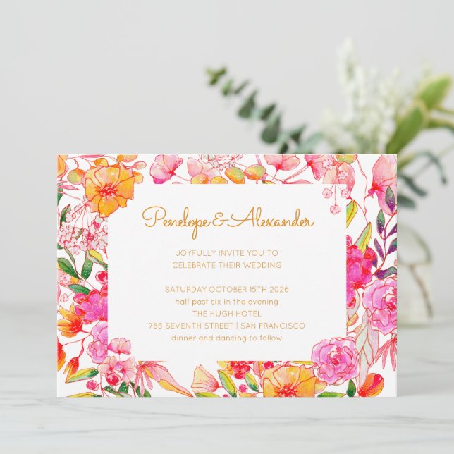 Invitación Boda con flores de acuarela rosadas y naranjas en  (Anverso de pie)
