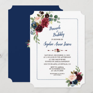 Invitación Boda con flores de Borgoña en marco azul marino