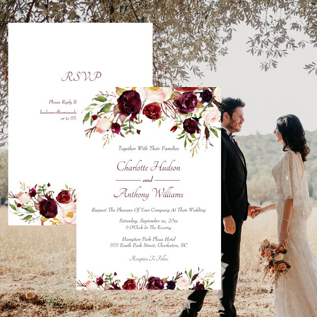 Invitación Boda con flores de Borgoña Profunda con RSVP (Deep Burgundy Floral Wedding Invitation)