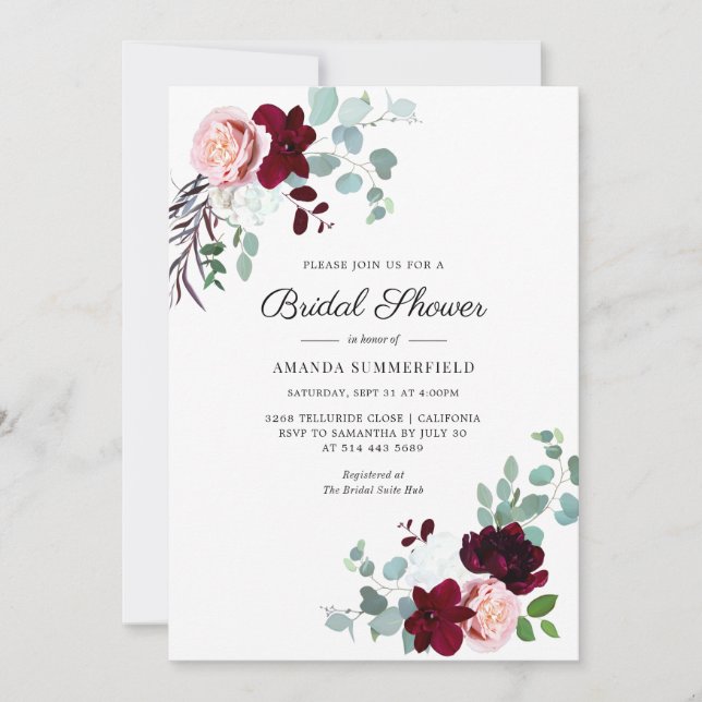 Invitación Boda con flores de eucalipto en guión de Borgoña (Anverso)
