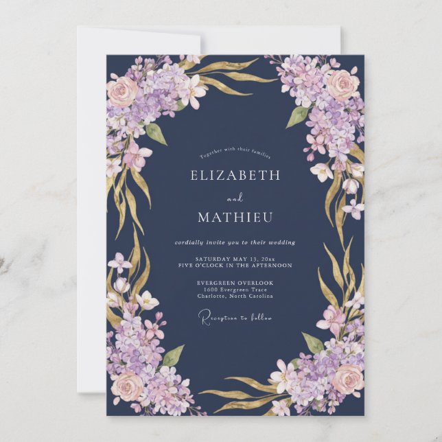 Invitación Boda con Flores de Lavanda Azul Marino (Anverso)