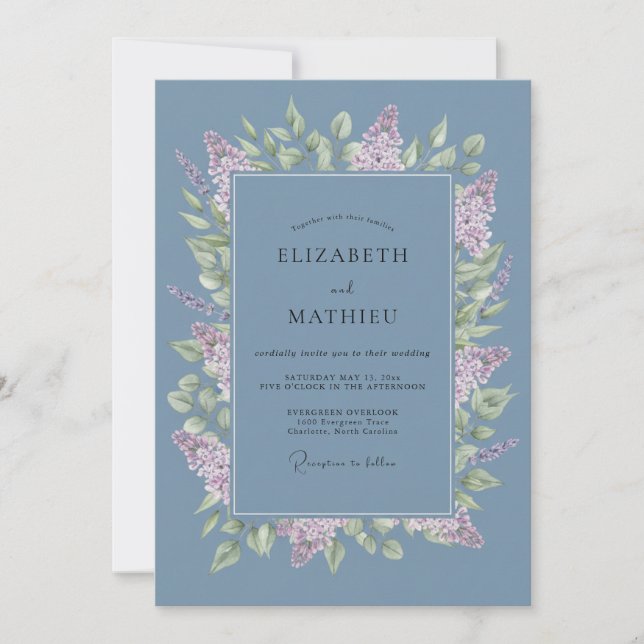 Invitación Boda con Flores de Lila Azul Polvoriento (Anverso)
