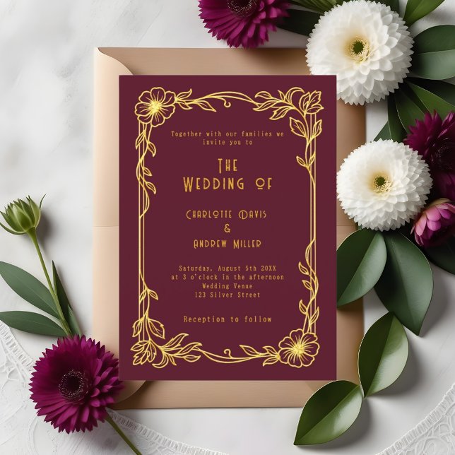 Invitación Boda con flores de oro de Borgoña (Subido por el creador)